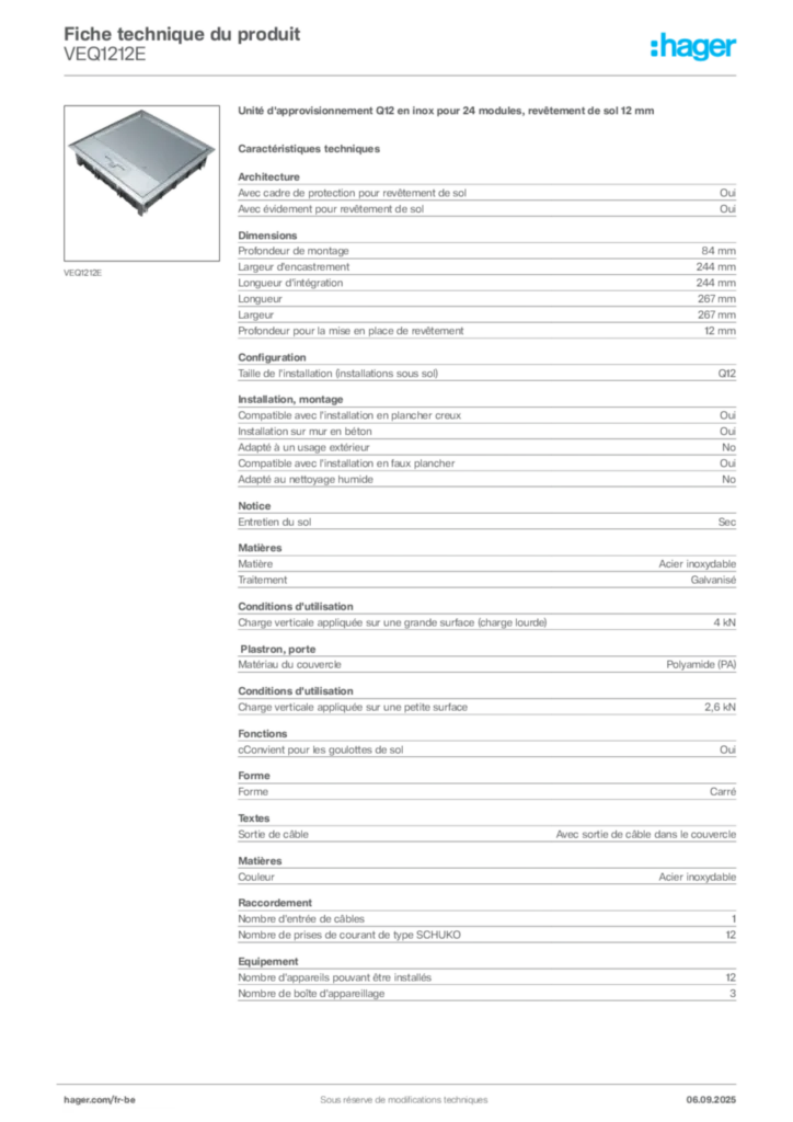 Image Hager Fiche technique du produit VEQ1212E | Hager Belgique