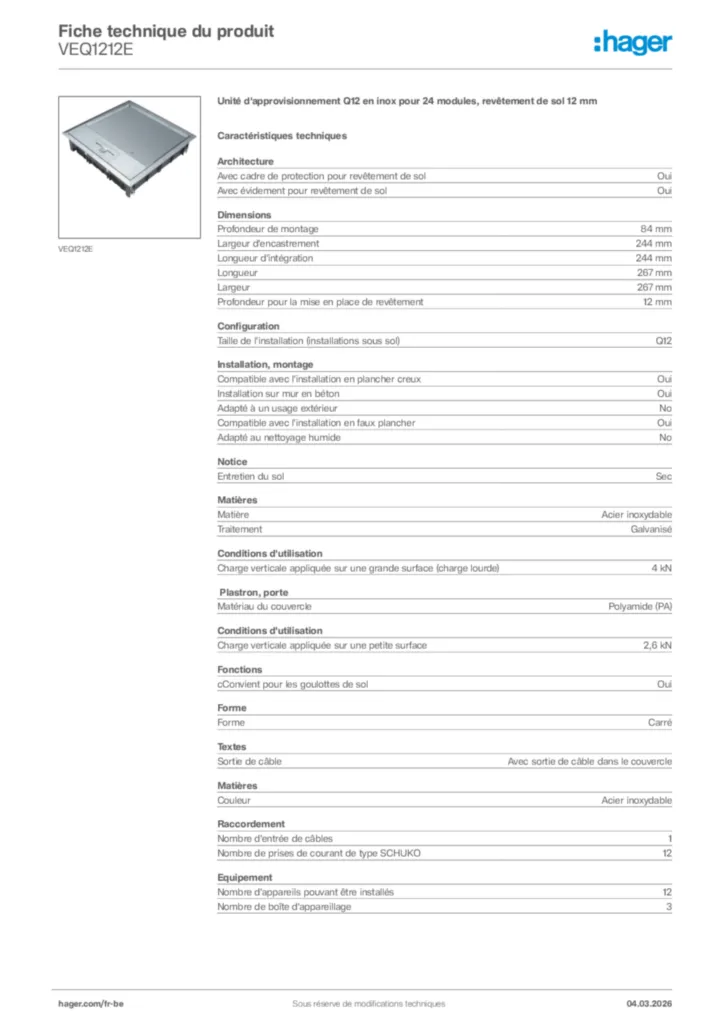 Image Hager Fiche technique du produit VEQ1212E | Hager Belgique