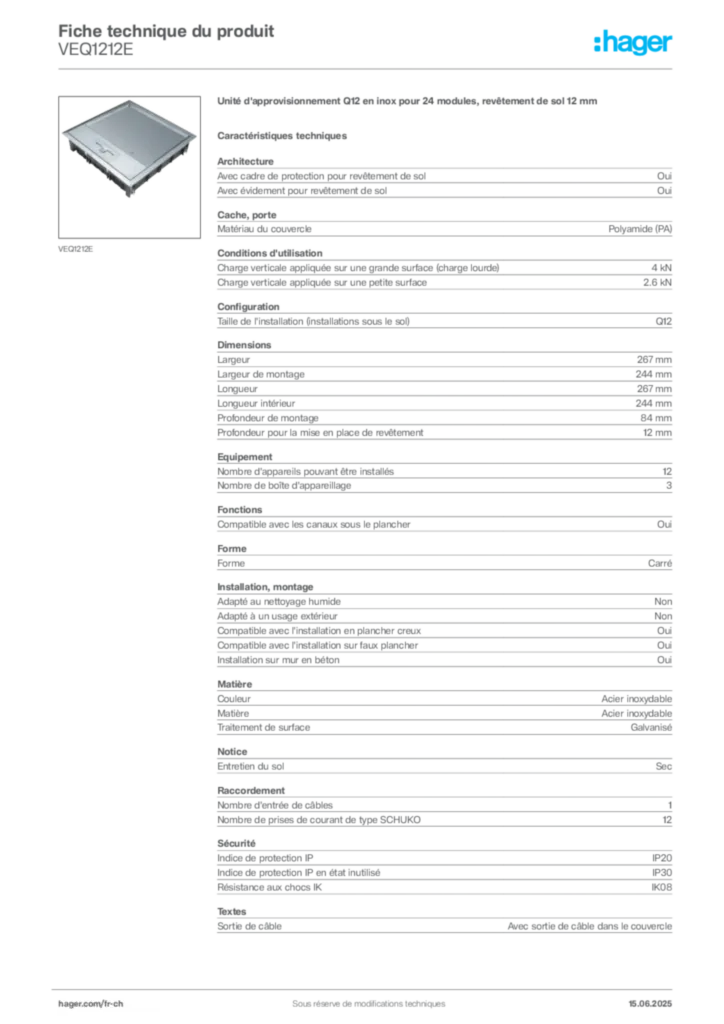 Image Hager Fiche technique du produit VEQ1212E | Hager Suisse
