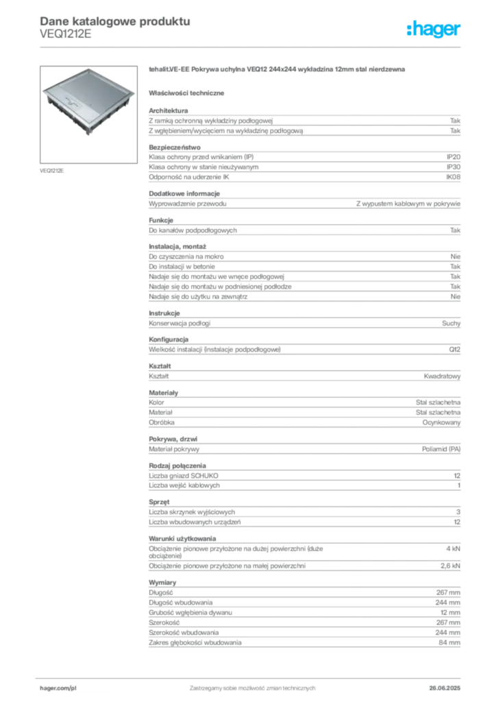 Zdjęcie Hager Dane katalogowe produktu VEQ1212E | Hager Polska