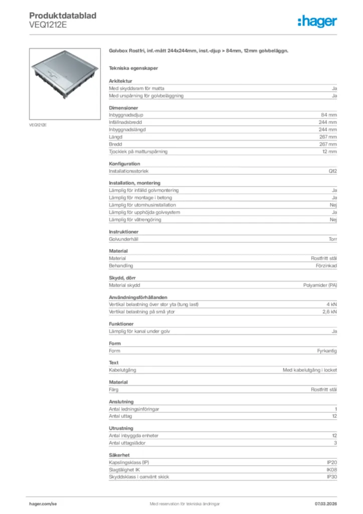 Bild Hager Produktdatablad VEQ1212E | Hager Sverige