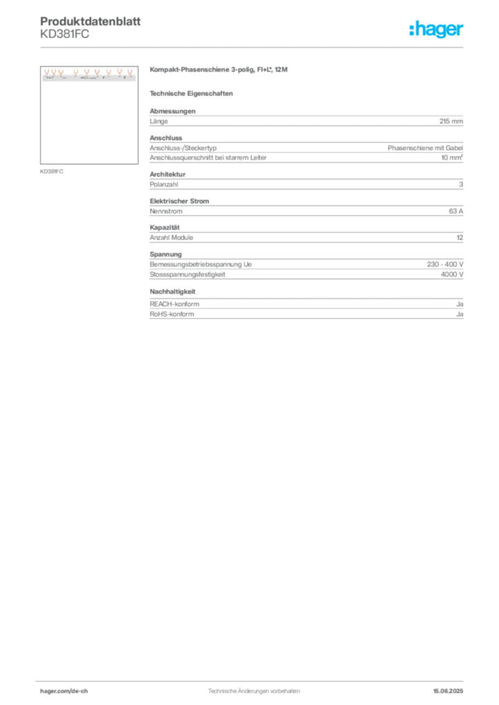 Bild Hager Produktdatenblatt KD381FC | Hager Schweiz
