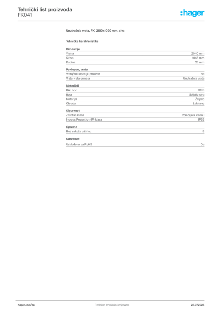 Slika Hager Product data sheet FK041  | Hager