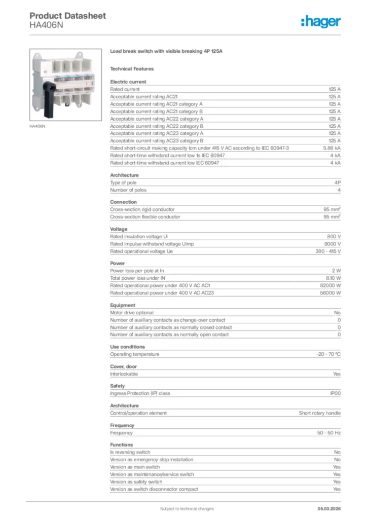 Image Hager Product data sheet HA406N  | Hager Africa