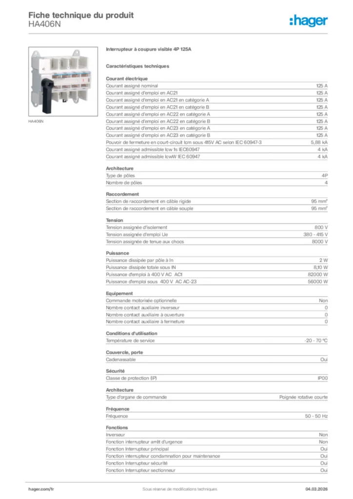 Image Hager Fiche technique du produit HA406N | Hager France