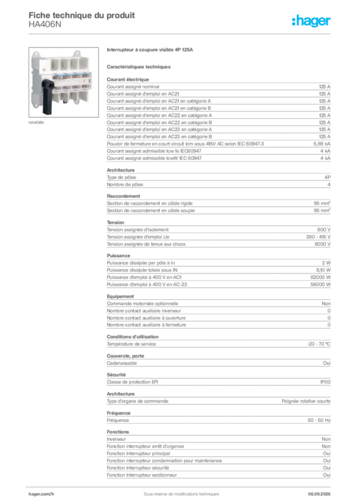 Image Hager Fiche technique du produit HA406N | Hager France