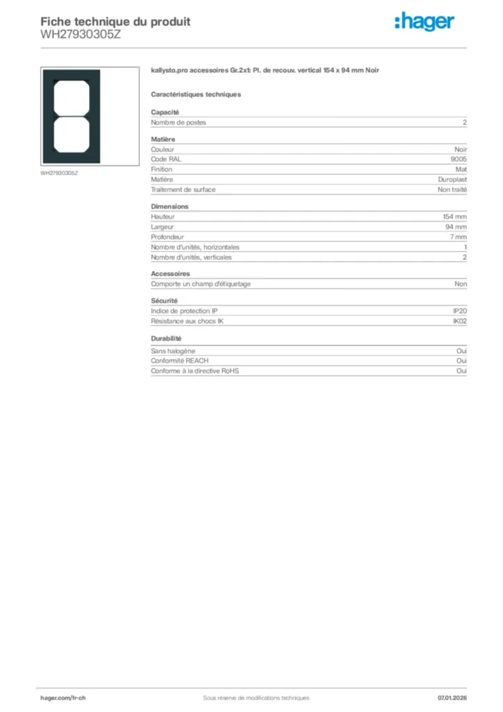 Image Hager Fiche technique du produit WH27930305Z | Hager Suisse