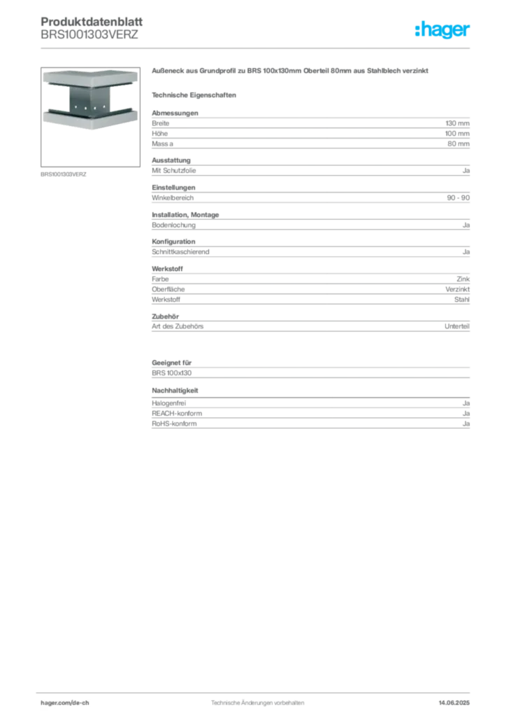Bild Hager Produktdatenblatt BRS1001303VERZ | Hager Schweiz