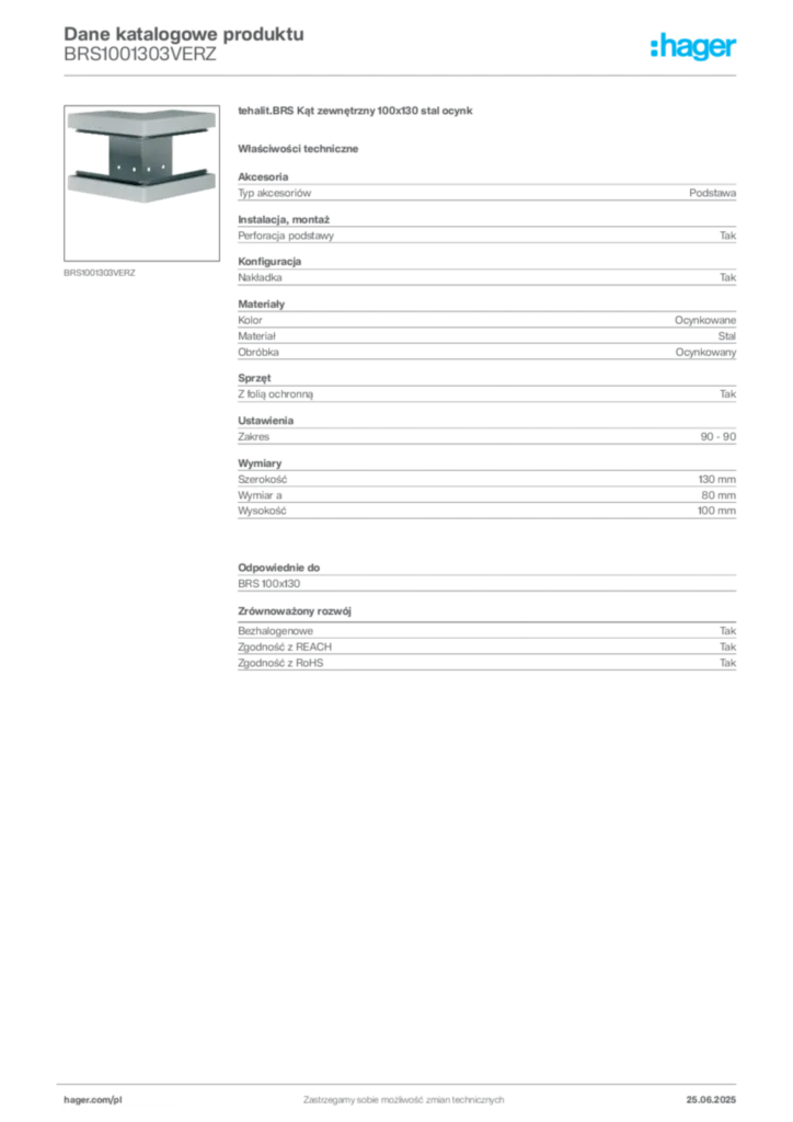 Zdjęcie Hager Dane katalogowe produktu BRS1001303VERZ | Hager Polska