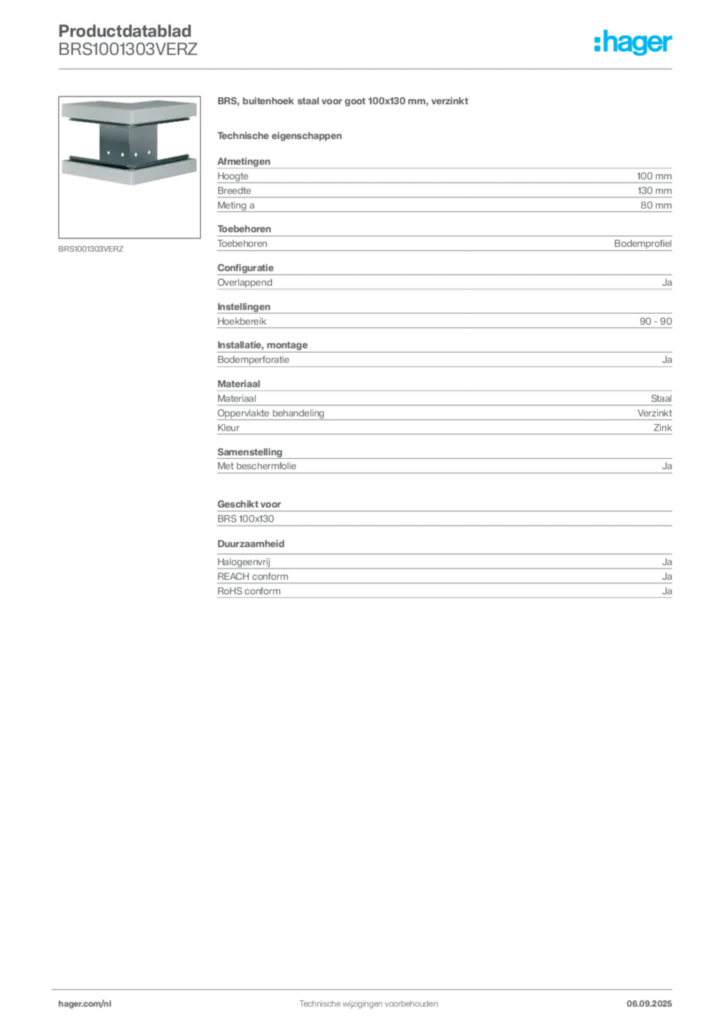 Afbeelding Hager Productdatablad BRS1001303VERZ | Hager Nederland