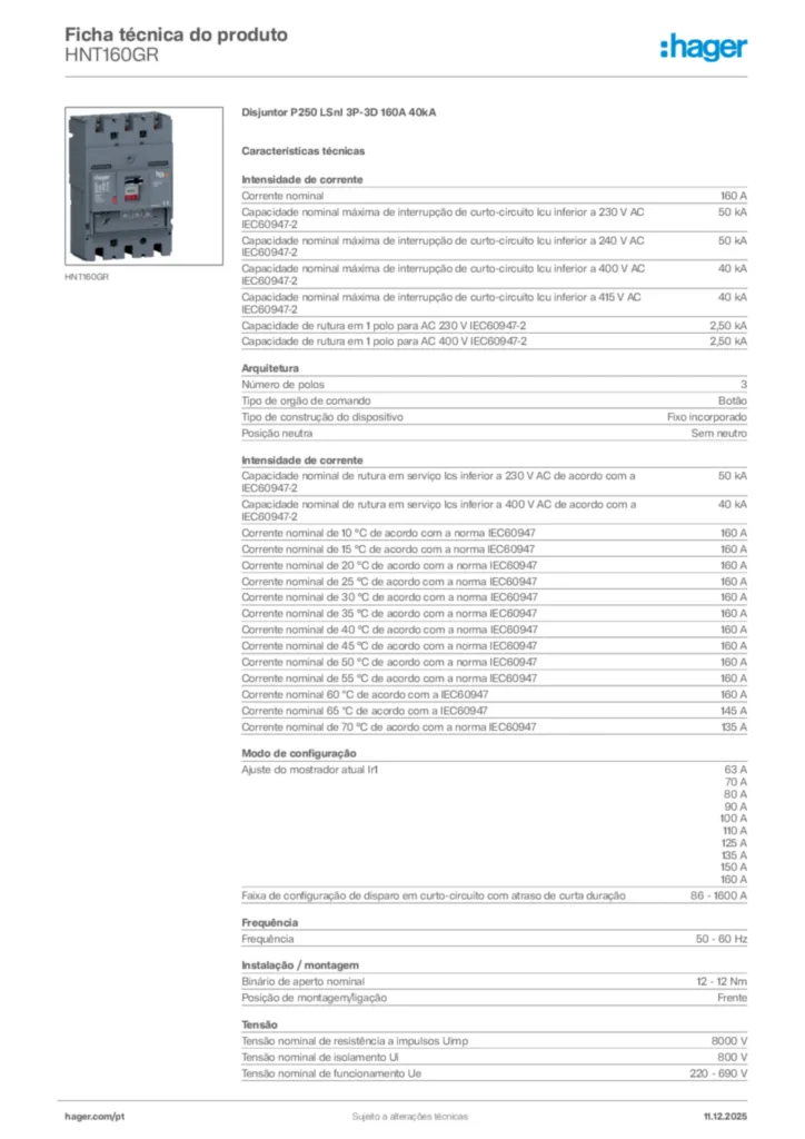 Imagem Hager Ficha técnica do produto HNT160GR | Hager Portugal