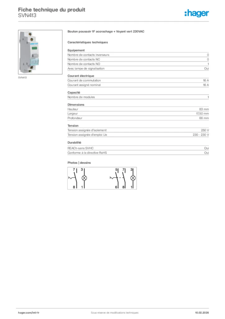 Image Hager Fiche technique du produit SVN413 | Hager Afrique