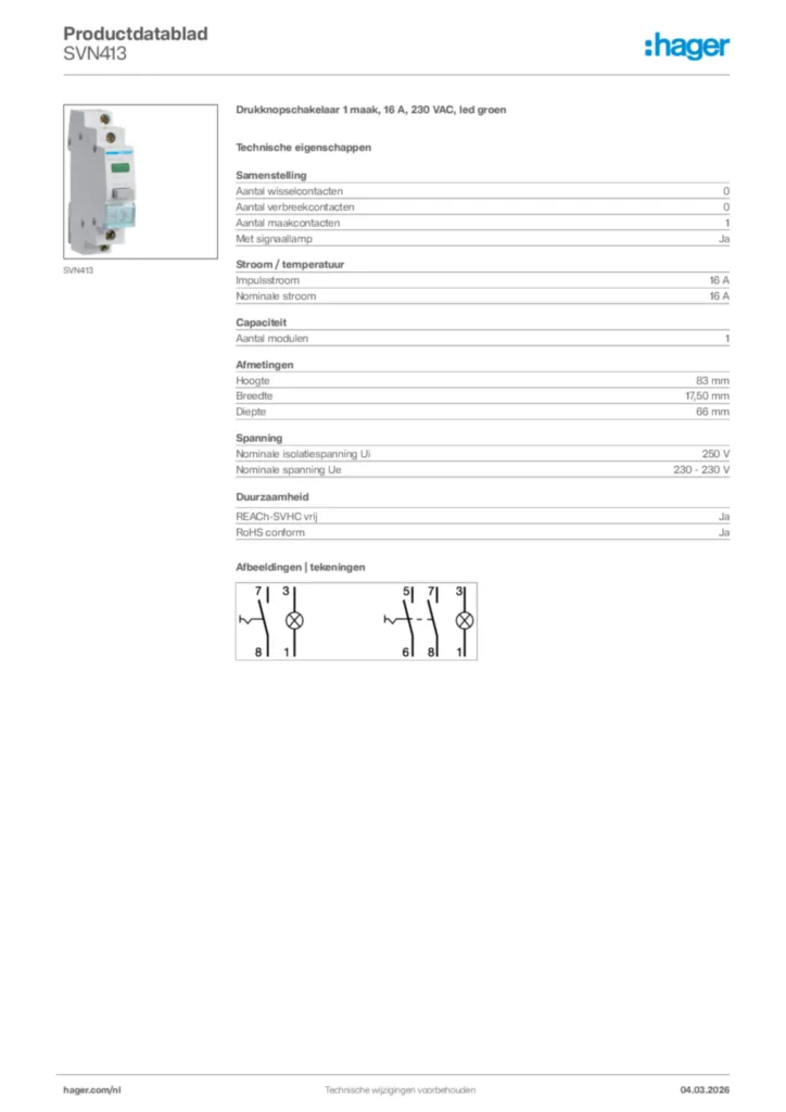 Afbeelding Hager Productdatablad SVN413 | Hager Nederland