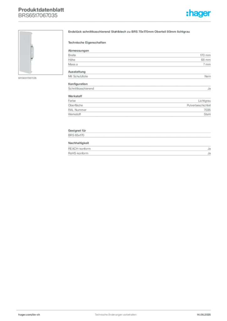 Bild Hager Produktdatenblatt BRS6517067035 | Hager Schweiz