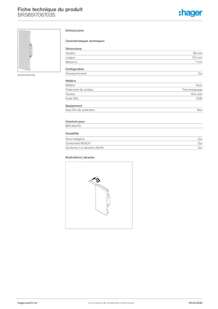 Image Hager Fiche technique du produit BRS6517067035 | Hager Suisse