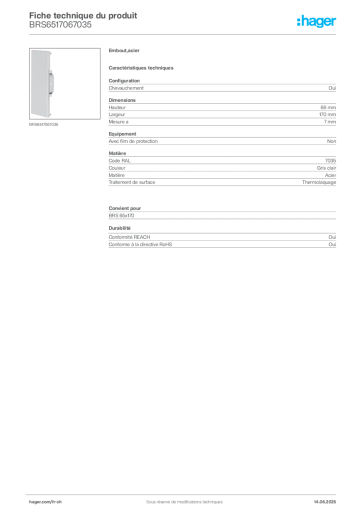 Image Hager Fiche technique du produit BRS6517067035 | Hager Suisse