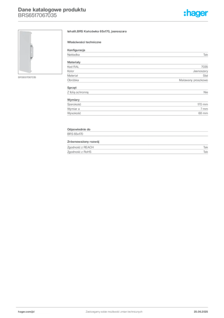 Zdjęcie Hager Dane katalogowe produktu BRS6517067035 | Hager Polska