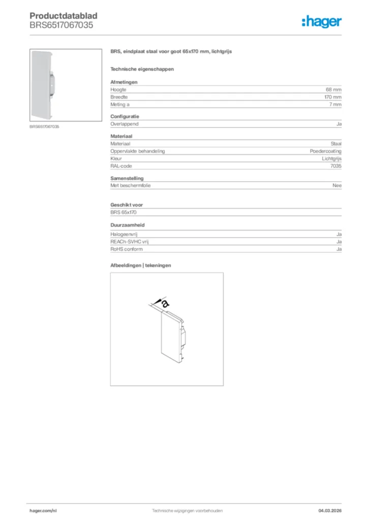 Afbeelding Hager Productdatablad BRS6517067035 | Hager Nederland