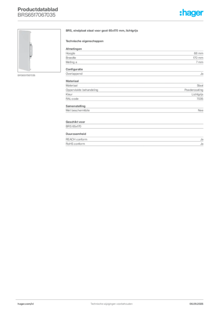 Afbeelding Hager Productdatablad BRS6517067035 | Hager Nederland