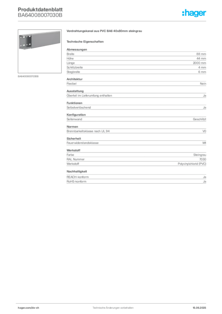 Bild Hager Produktdatenblatt BA64008007030B | Hager Schweiz