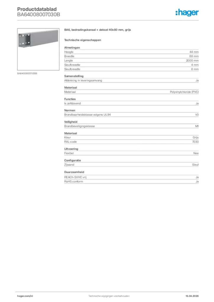 Afbeelding Hager Productdatablad BA64008007030B | Hager Nederland
