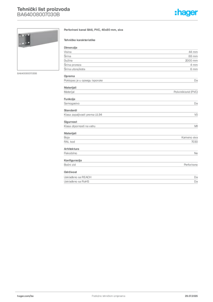 Slika Hager Product data sheet BA64008007030B  | Hager