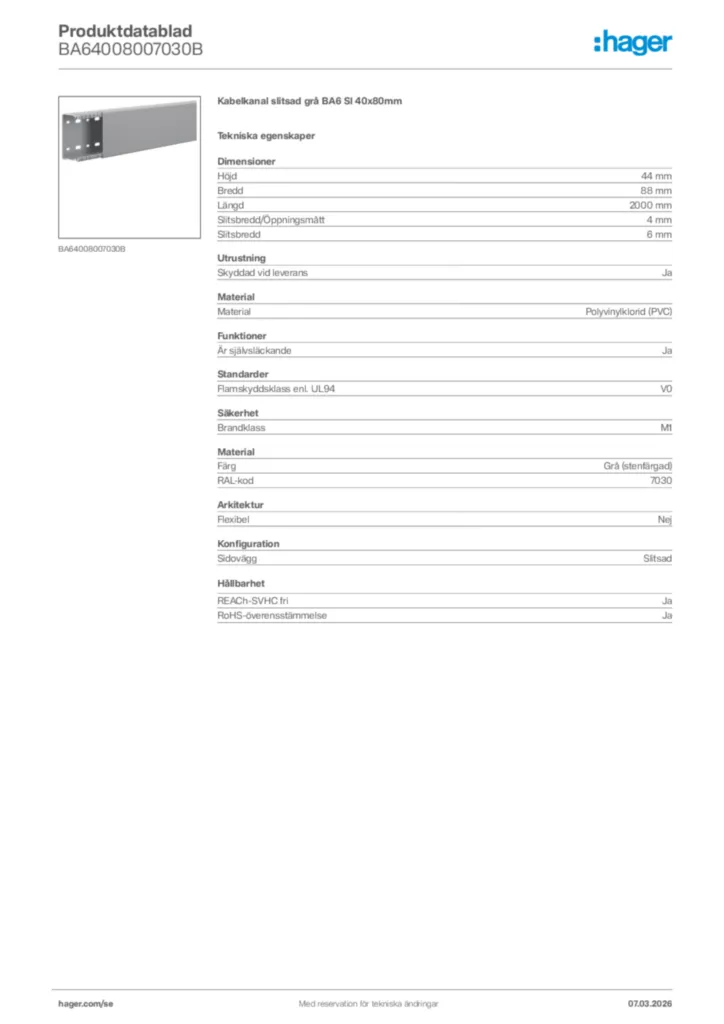 Bild Hager Produktdatablad BA64008007030B | Hager Sverige