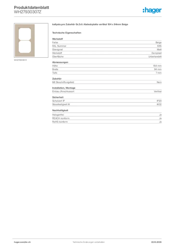 Bild Hager Produktdatenblatt WH27930307Z | Hager Schweiz