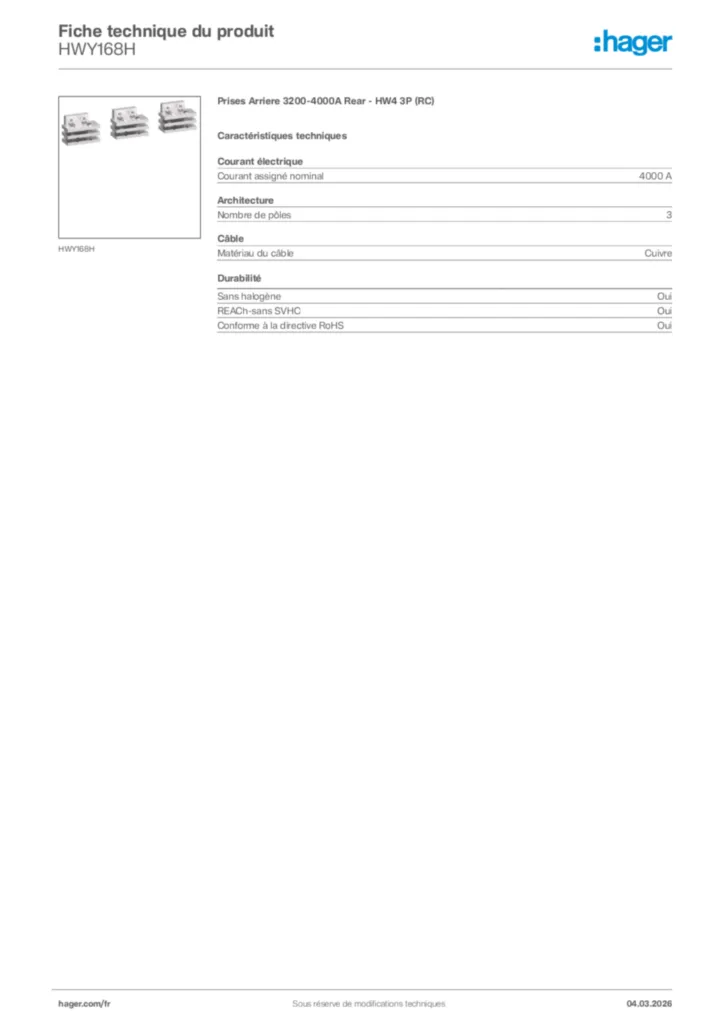 Image Hager Fiche technique du produit HWY168H | Hager France