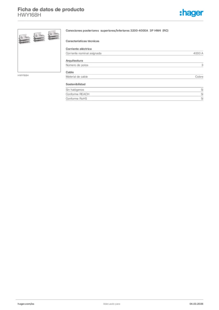 Imagen Hager Ficha de datos de producto HWY168H | Hager España