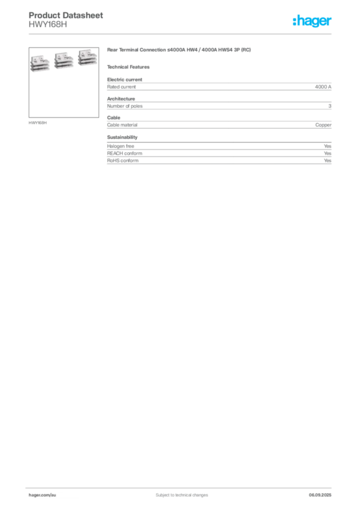 Image Hager Product data sheet HWY168H  | Hager Australia