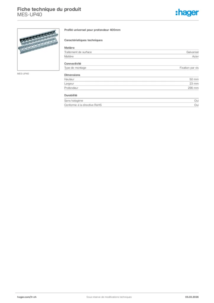 Image Hager Fiche technique du produit MES-UP40 | Hager Suisse