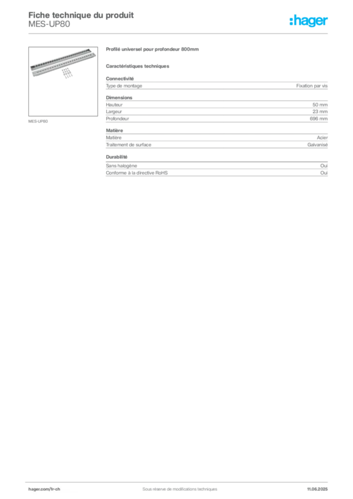 Image Hager Fiche technique du produit MES-UP80 | Hager Suisse