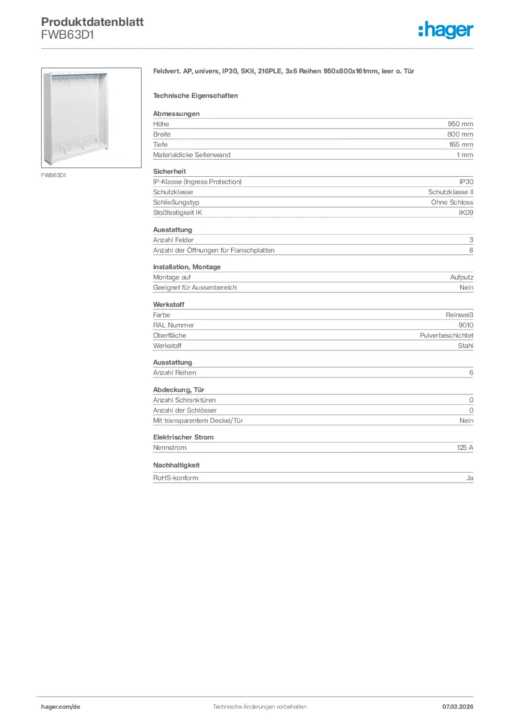 Bild Hager Produktdatenblatt FWB63D1 | Hager Deutschland