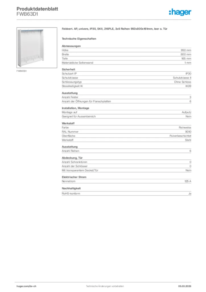 Bild Hager Produktdatenblatt FWB63D1 | Hager Schweiz