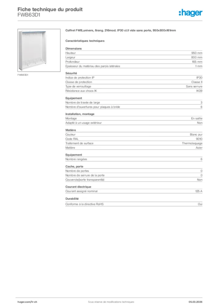 Image Hager Fiche technique du produit FWB63D1 | Hager Suisse