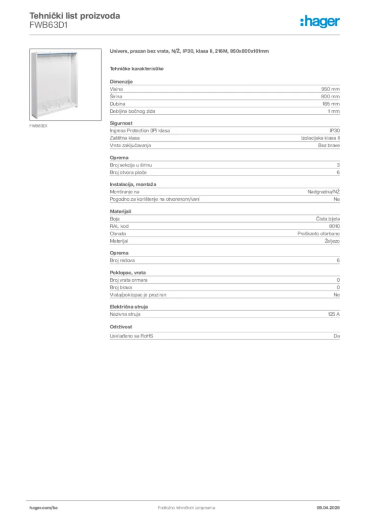 Slika Hager Tehnički list proizvoda FWB63D1  | Hager