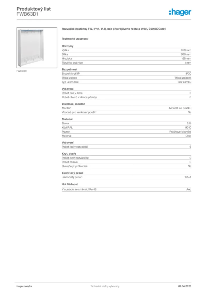 Obrázek Hager Product data sheet FWB63D1 | Hager