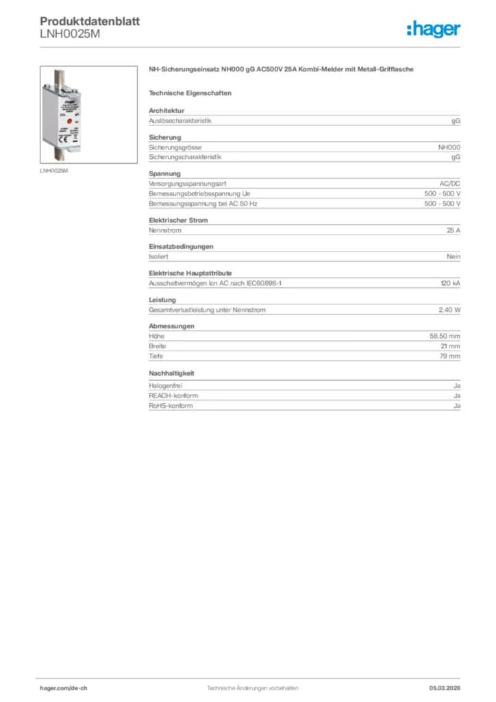 Bild Hager Produktdatenblatt LNH0025M | Hager Schweiz