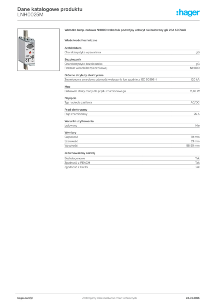 Zdjęcie Hager Dane katalogowe produktu LNH0025M | Hager Polska