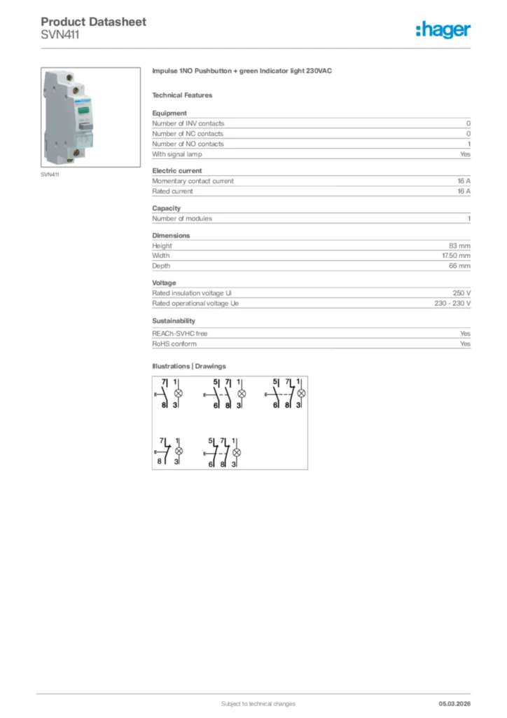 Image Hager Product data sheet SVN411  | Hager Africa