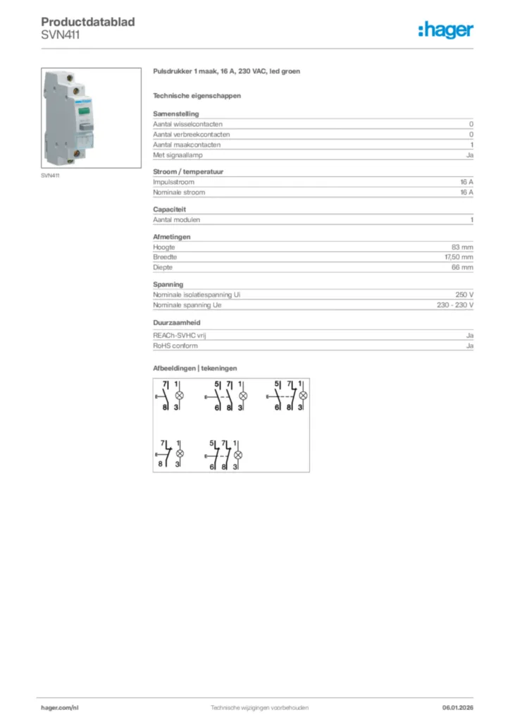 Afbeelding Hager Productdatablad SVN411 | Hager Nederland
