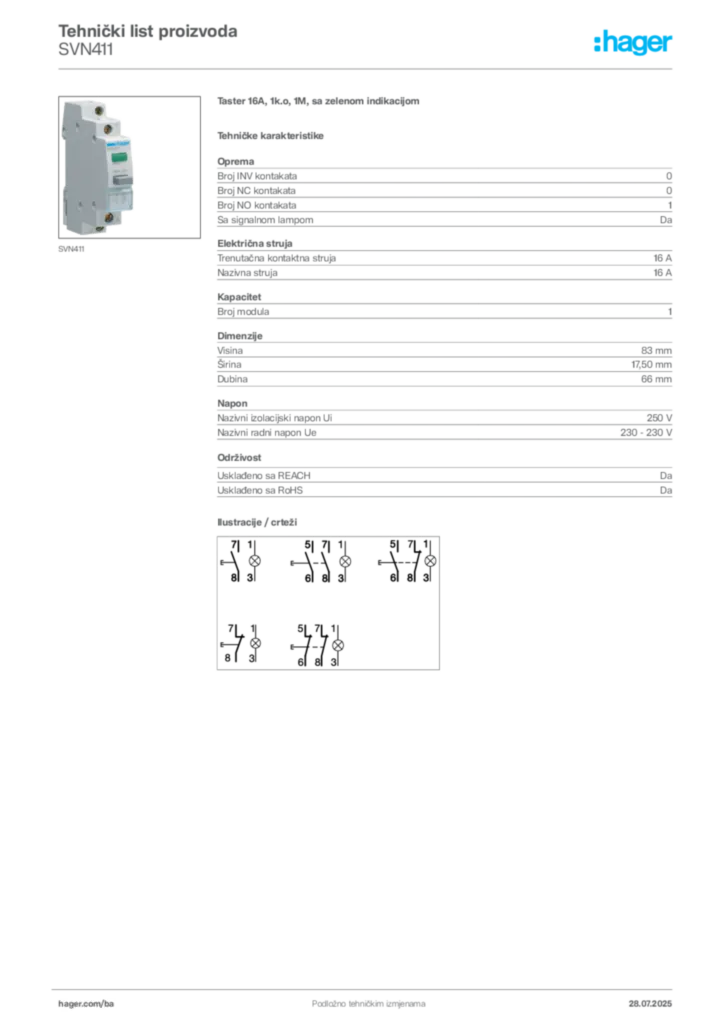 Slika Hager Product data sheet SVN411  | Hager