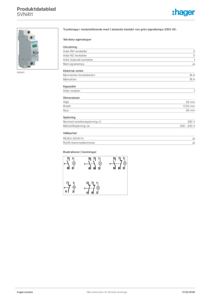 Bild Hager Produktdatablad SVN411 | Hager Sverige