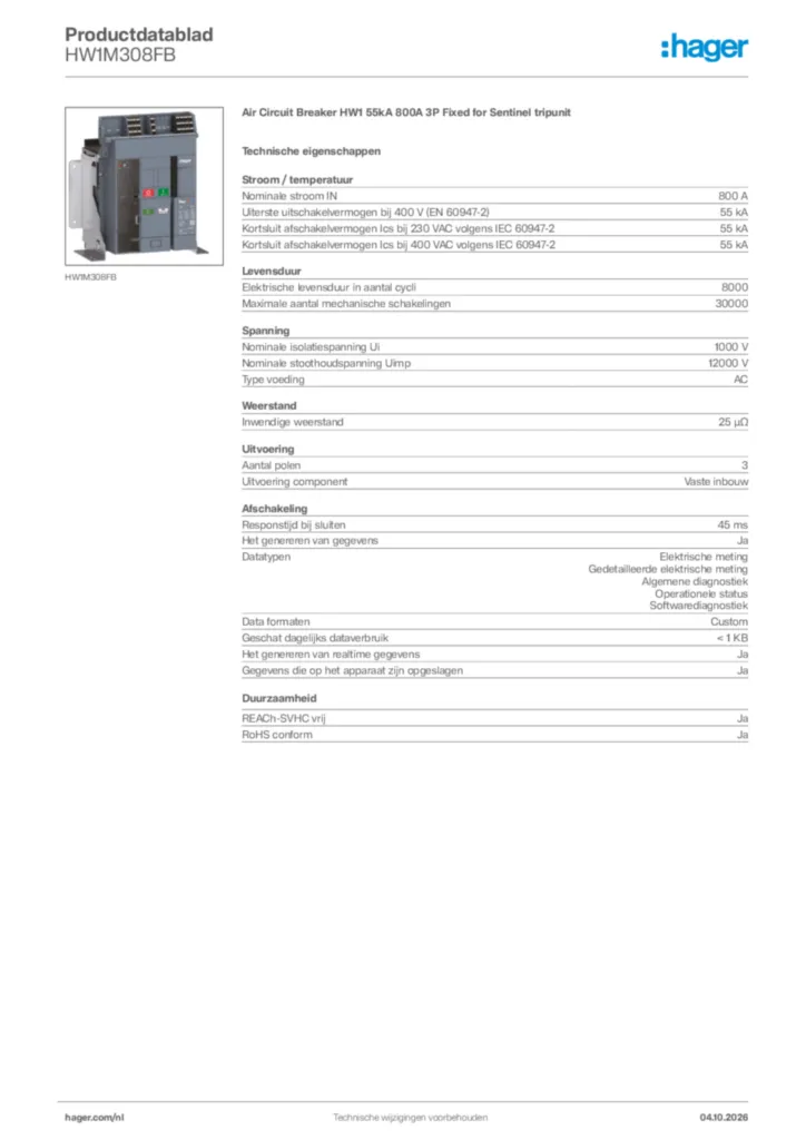 Afbeelding Hager Productdatablad HW1M308FB | Hager Nederland