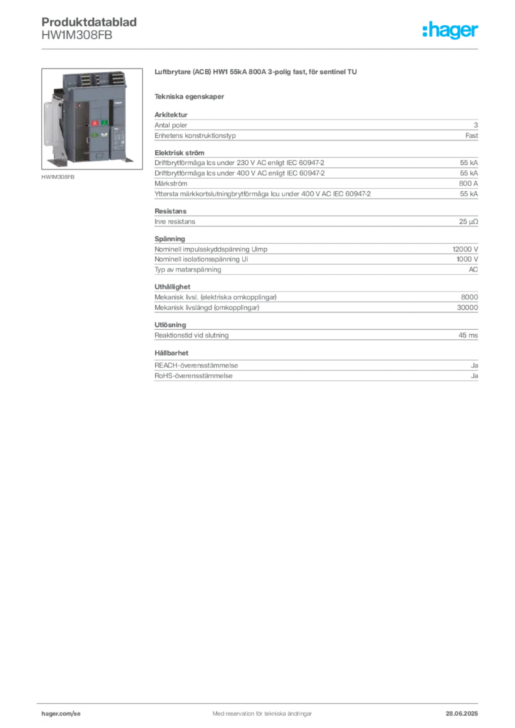 Bild Hager Produktdatablad HW1M308FB | Hager Sverige