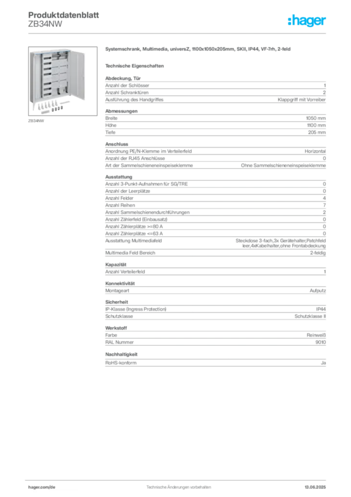 Hager Produktdatenblatt ZB34NW
