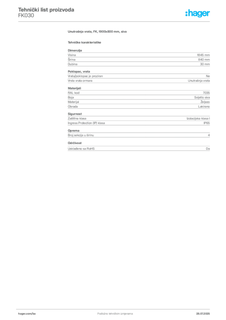 Slika Hager Product data sheet FK030  | Hager