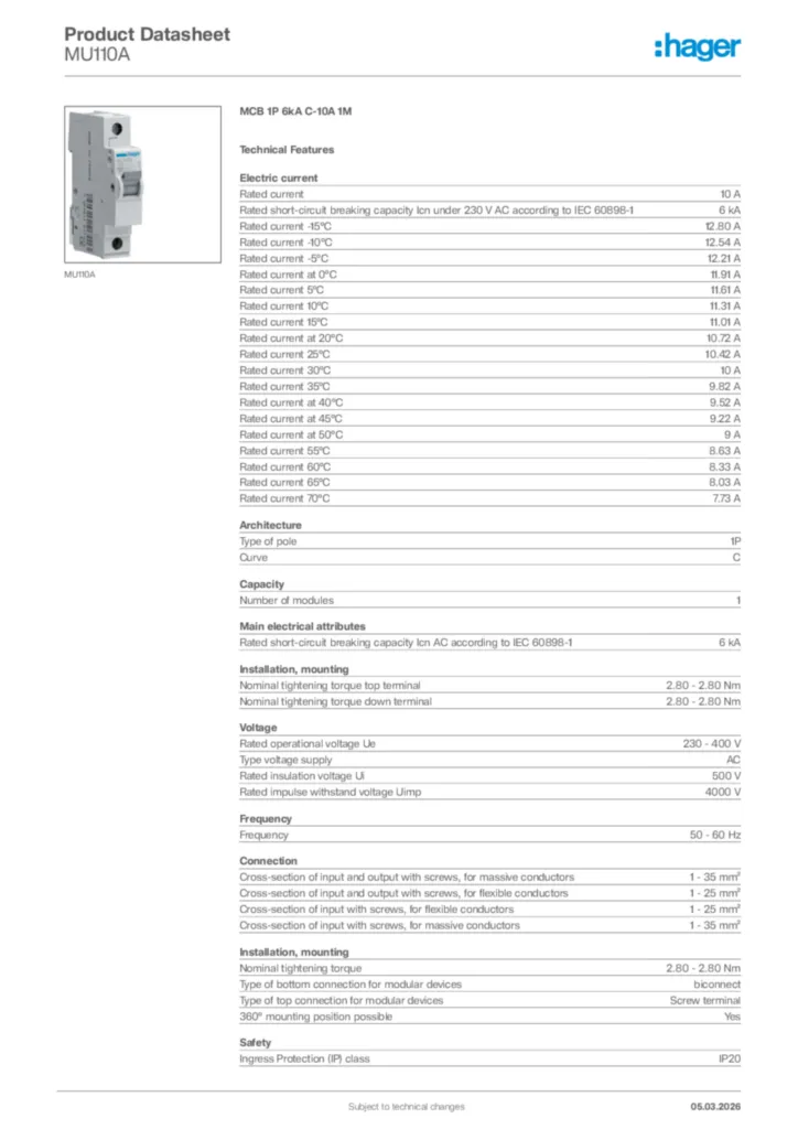 Image Hager Product data sheet MU110A  | Hager Africa