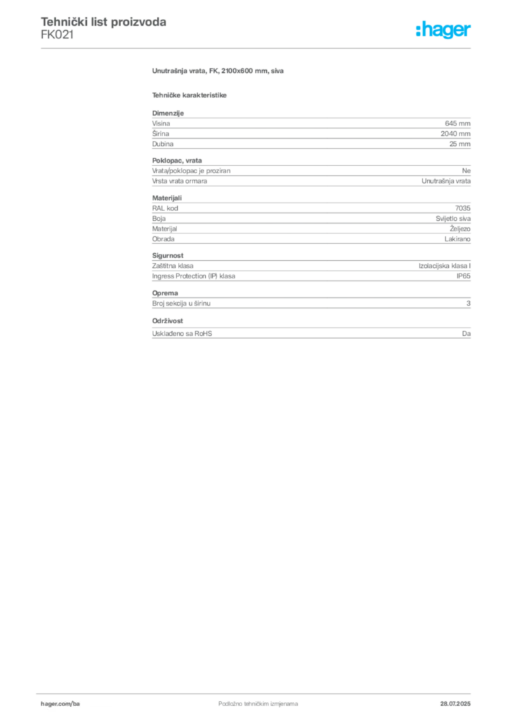 Slika Hager Product data sheet FK021  | Hager